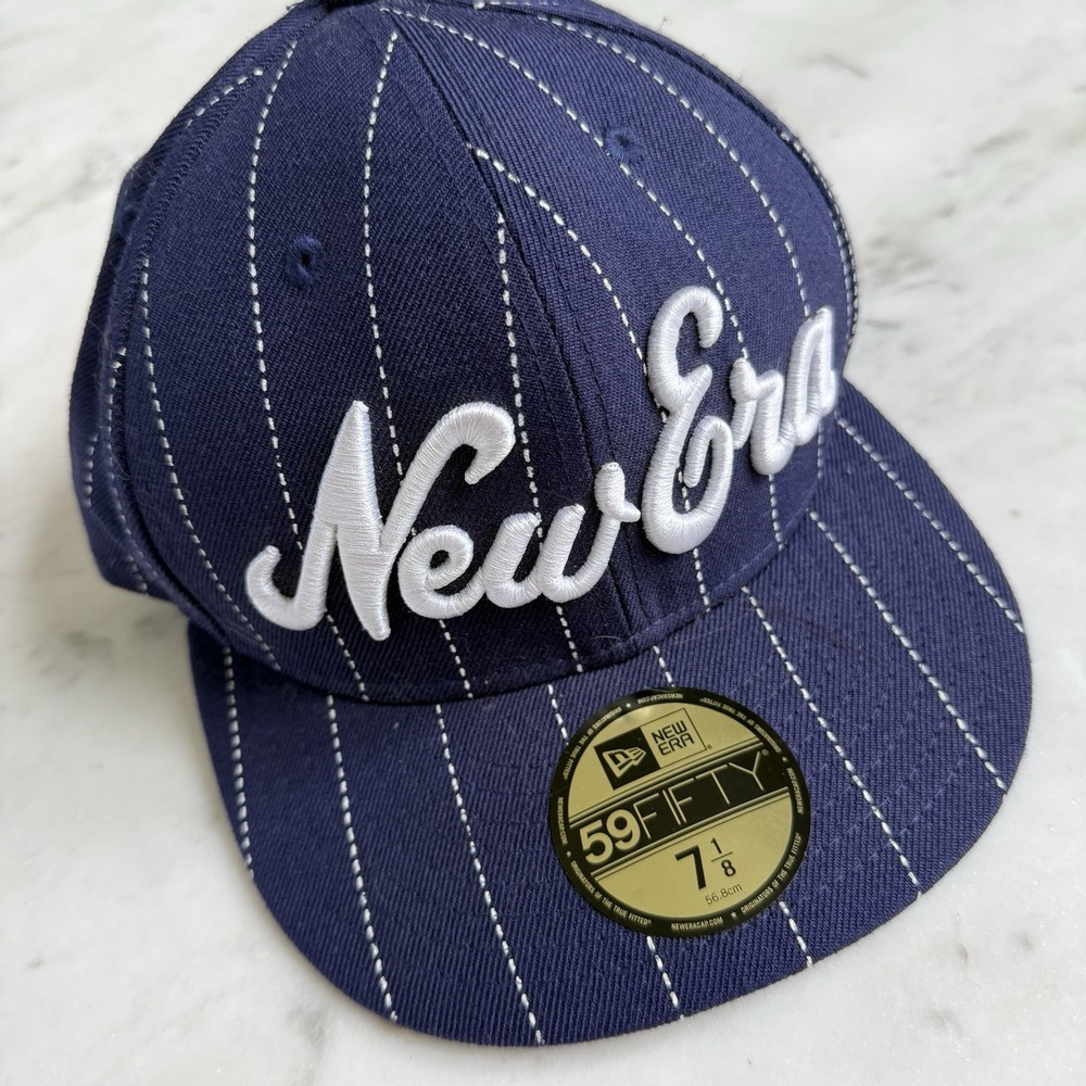 New Era‎ Script Flagship 59Fifty Fitted Hat Sz 7 1/8 Blue Pinstripes Cap Yankees